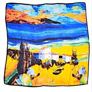Oversized Square Art Print Satin Scarf Colorful Painterly Landscape Neck Hair 💖